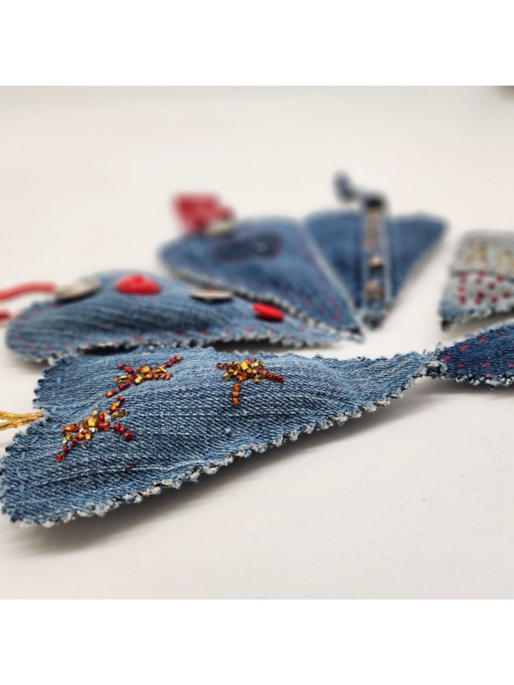 Denim Hanging Heart Ornaments Embellished Buttons Beads Embroidery Handmade - Picture 5 of 6